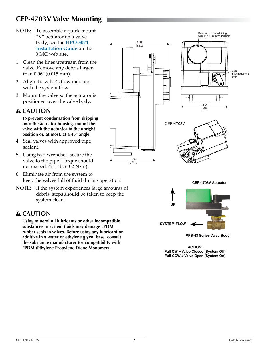 Cep-4703v valve mounting, Cep-4703v valve, Caution | KMC Controls CEP-4703V User Manual | Page 2 / 4