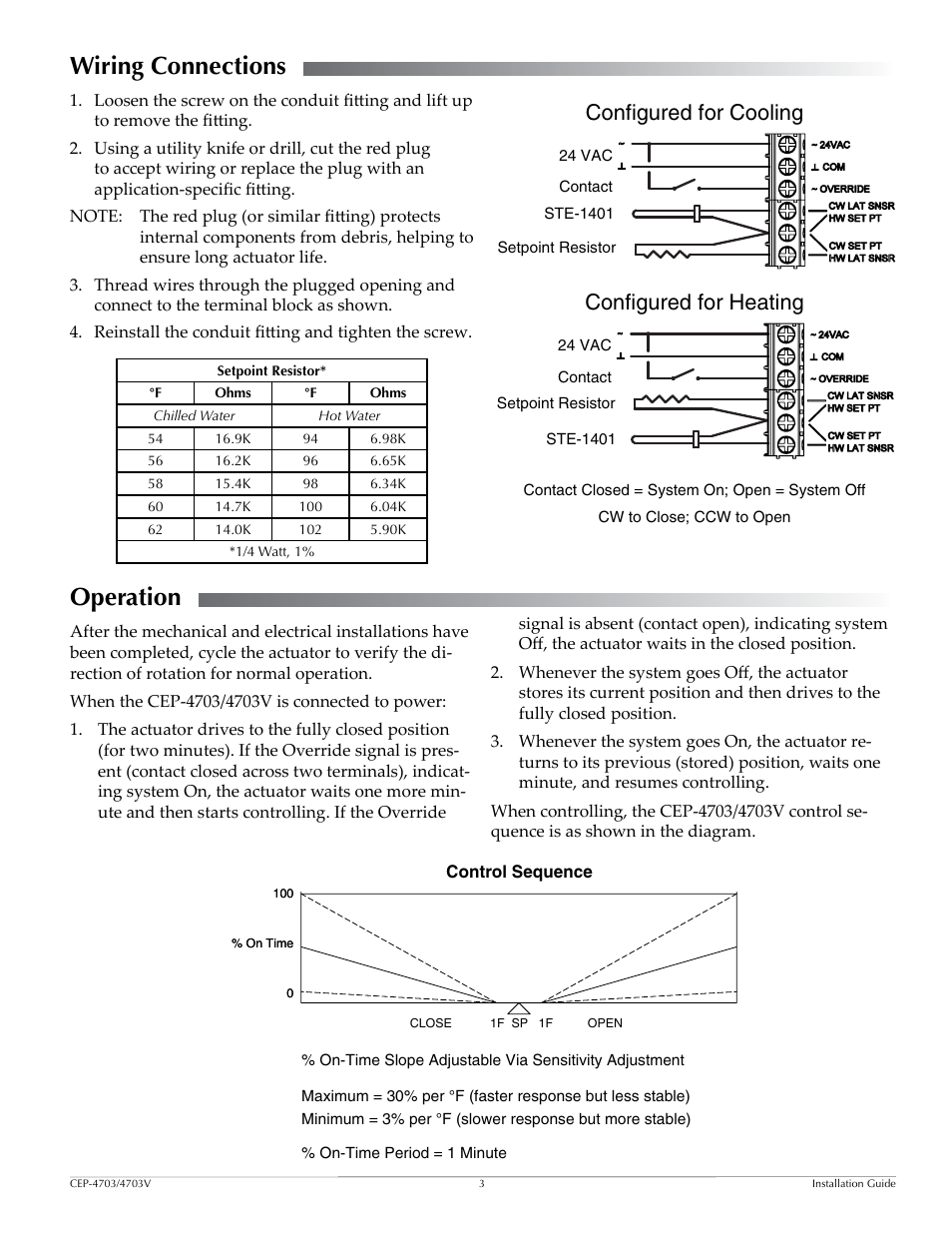 Wiring connections, Operation, Wiring connections operation | Configured for cooling, Configured for heating | KMC Controls CEP-4703V User Manual | Page 3 / 4