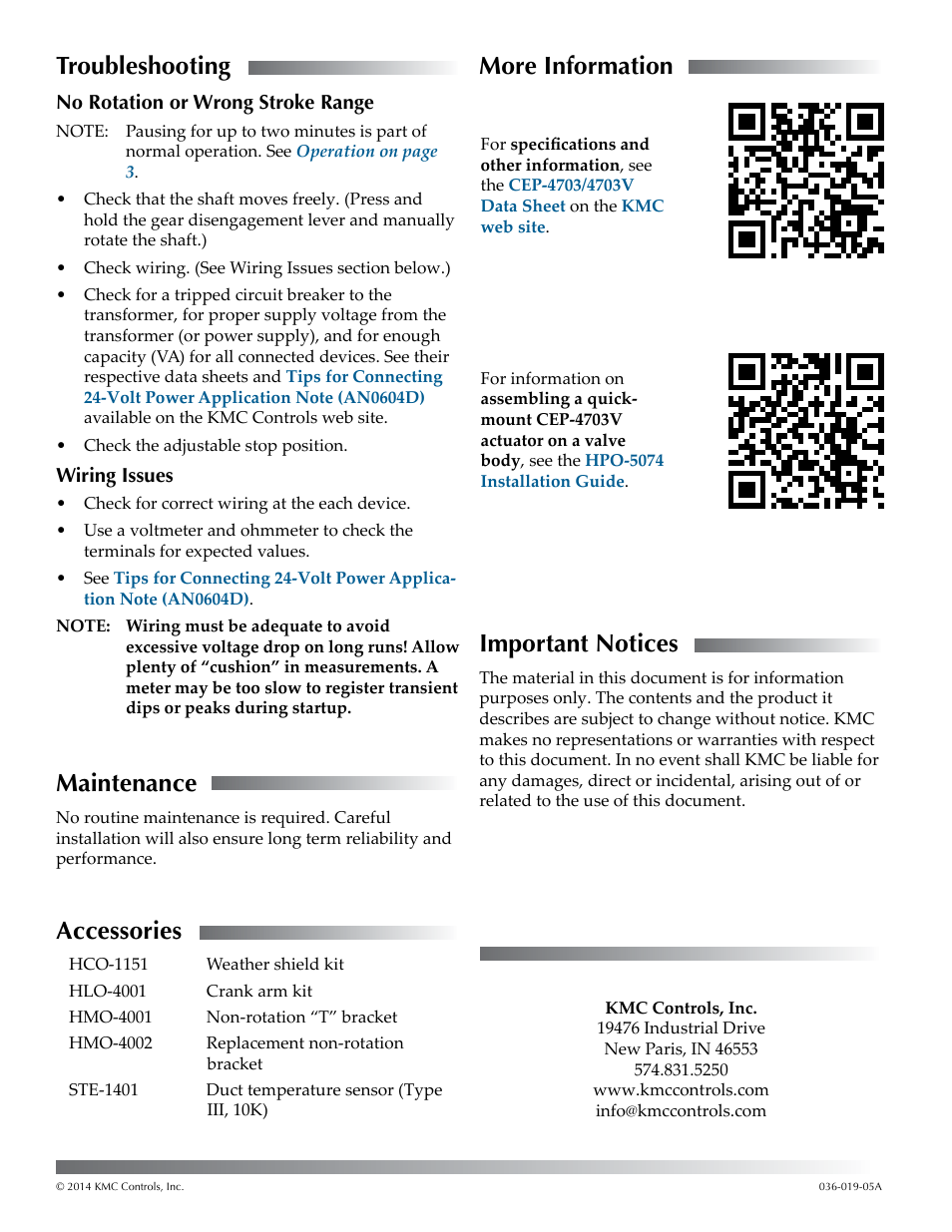 Troubleshooting, No rotation or wrong stroke range, Wiring issues | Maintenance, Accessories, More information, Important notices, No rotation or wrong stroke range wiring issues | KMC Controls CEP-4703V User Manual | Page 4 / 4