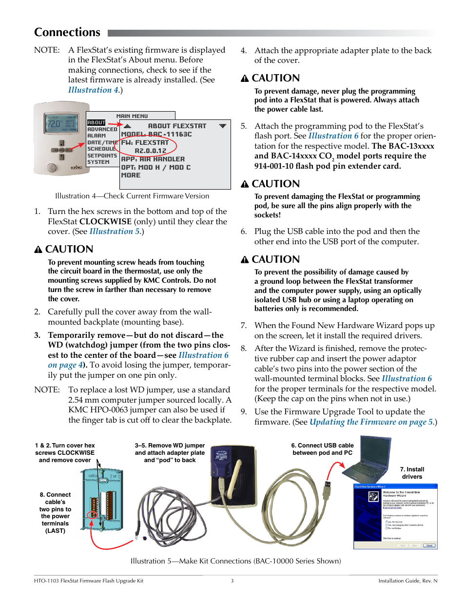 Connections, Connections 3, Connect the flexstat to the computer. (see | Caution | KMC Controls HTO-1103 User Manual | Page 3 / 8