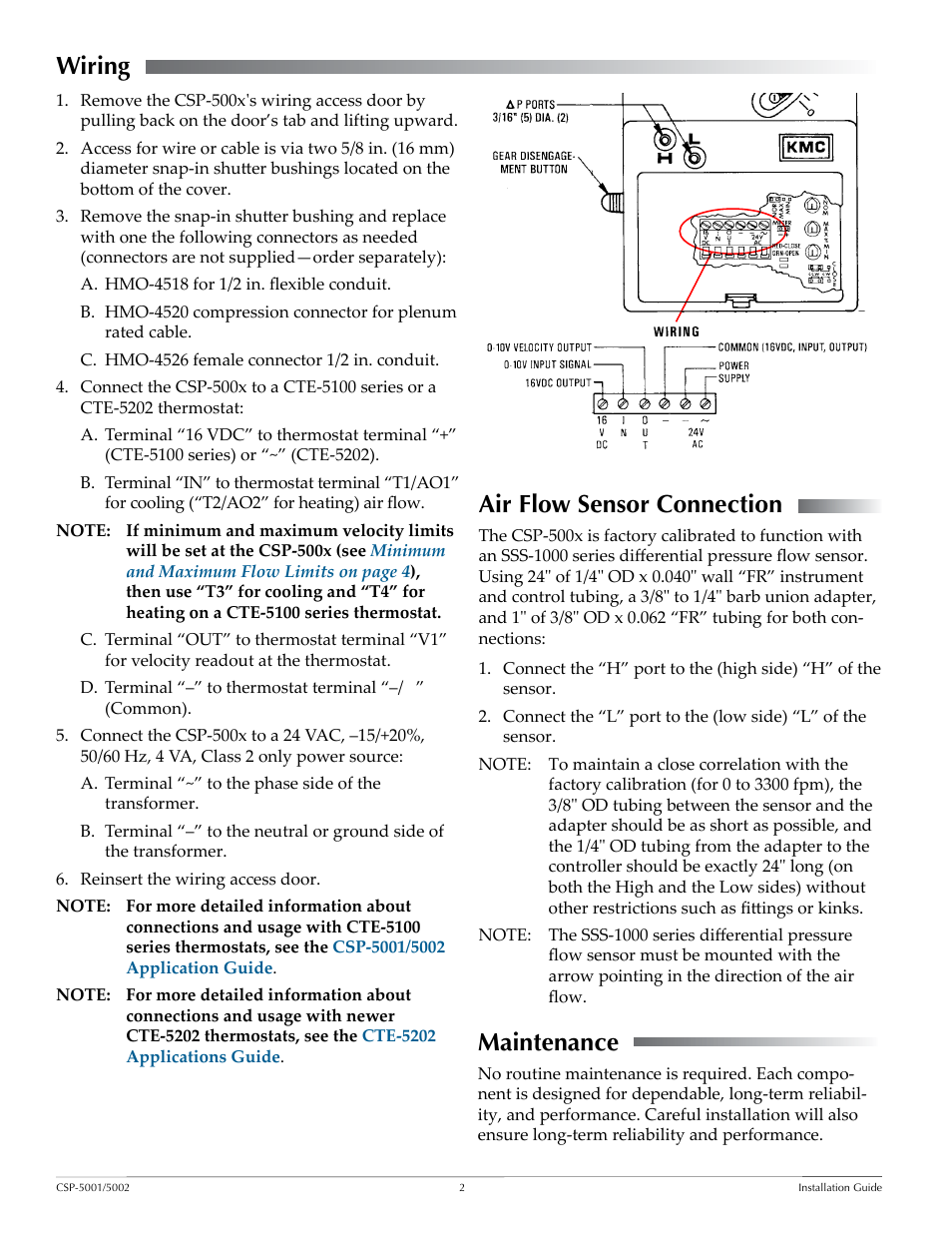Wiring, Air flow sensor connection, Maintenance | Wiring 2, Air flow sensor connection 2, Maintenance 2 | KMC Controls CSP-5002 User Manual | Page 2 / 4