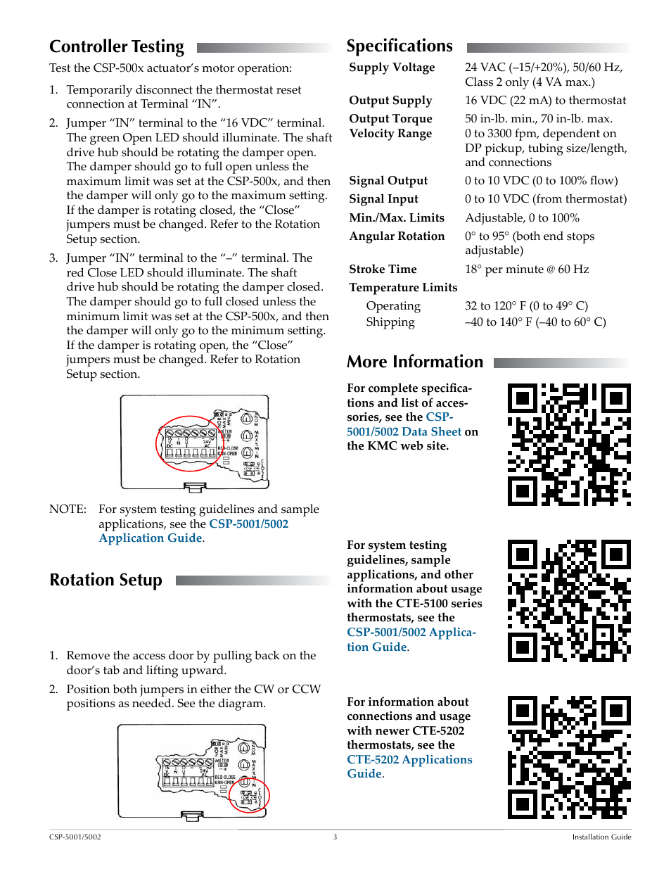 Controller testing, Rotation setup, Specifications | More information, Rotation setup 3, Specifications 3 | KMC Controls CSP-5002 User Manual | Page 3 / 4