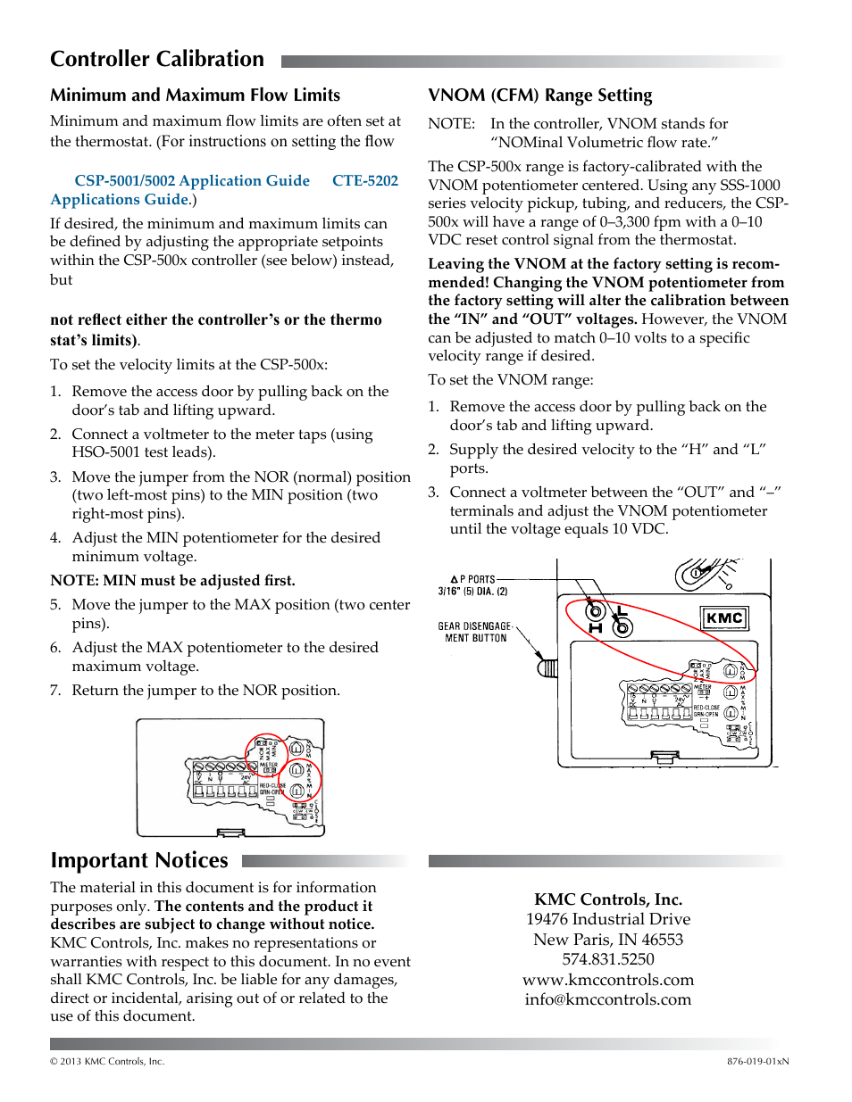 Controller calibration, Minimum and maximum flow limits, Vnom (cfm) range setting | Important notices, Controller calibration 4, Vnom (cfm) range setting 4 | KMC Controls CSP-5002 User Manual | Page 4 / 4