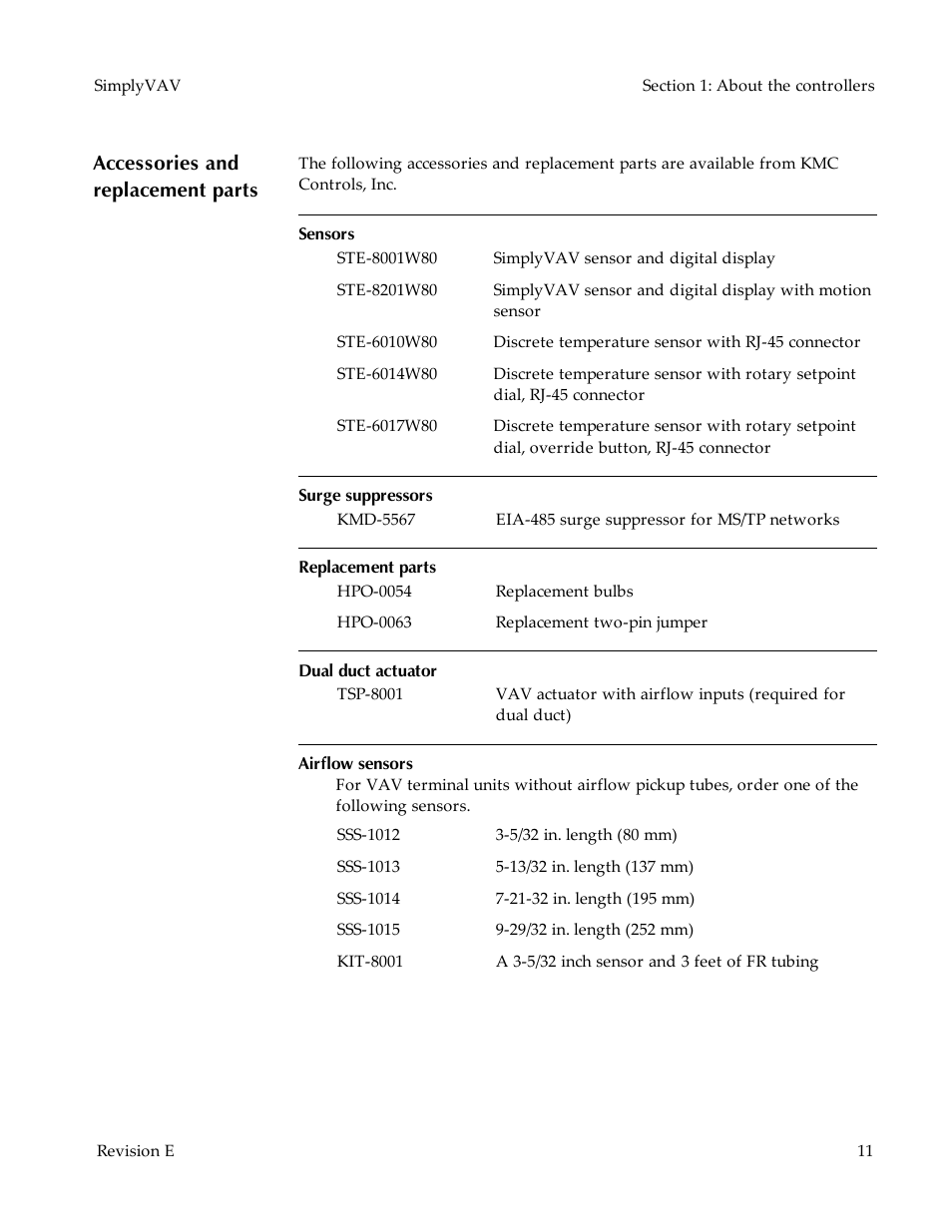 Accessories and replacement parts | KMC Controls BAC-8007 Installation Guide User Manual | Page 11 / 88