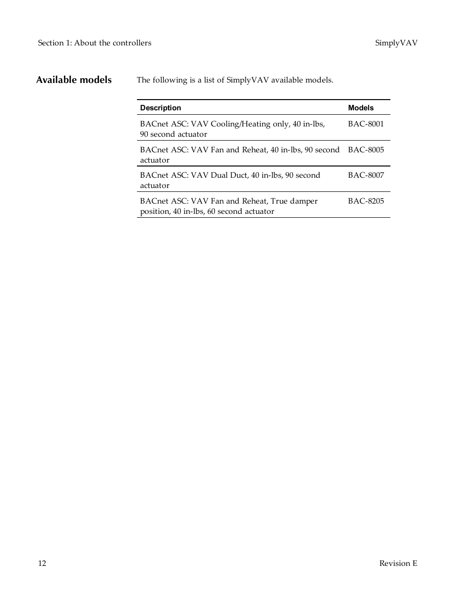 Available models | KMC Controls BAC-8007 Installation Guide User Manual | Page 12 / 88