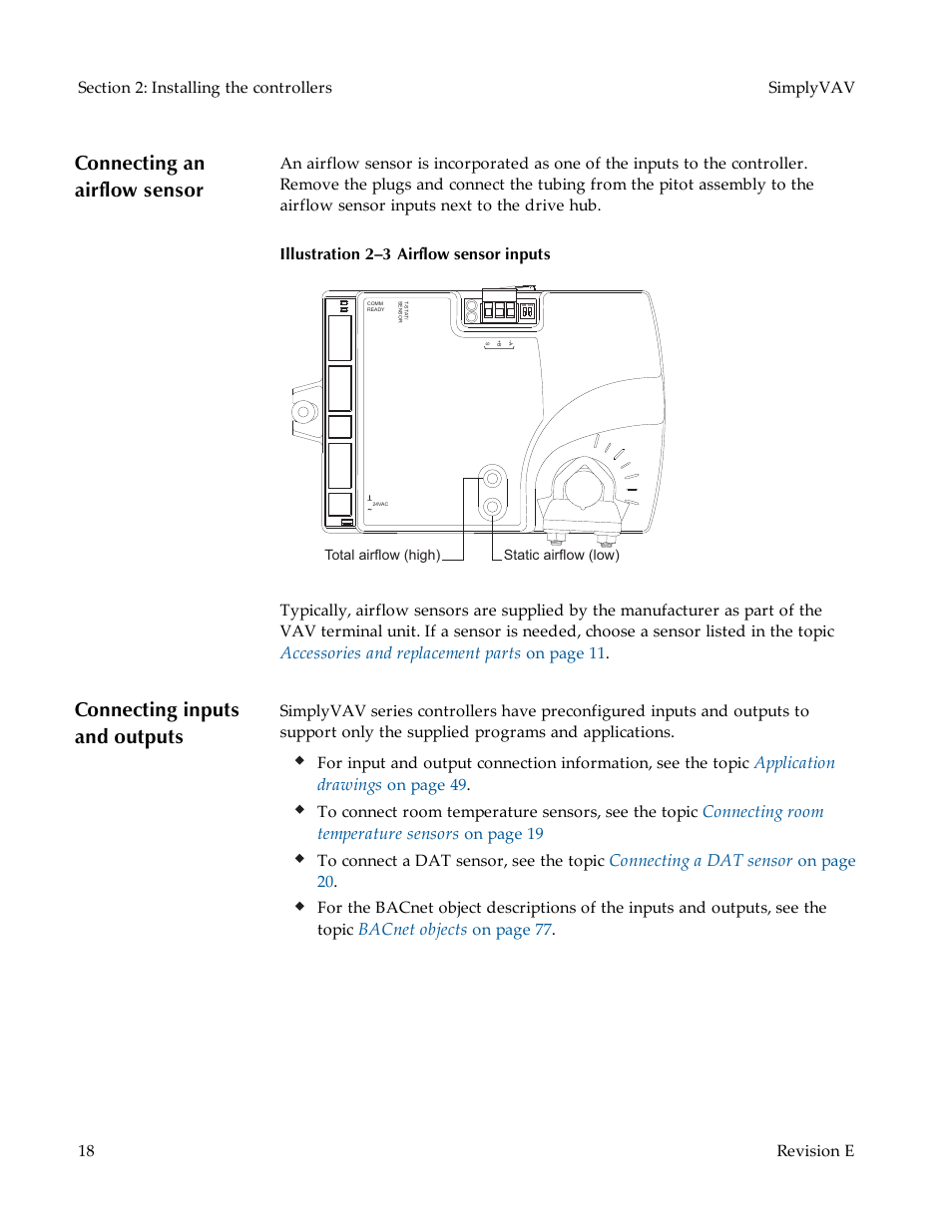 Connecting an airflow sensor, Connecting inputs and outputs, Accessories and replacement parts | Application drawings, Connecting room temperature sensors, Connecting a dat sensor, Bacnet objects, On page 11, On page 19 to connect a dat sensor, see the topic | KMC Controls BAC-8007 Installation Guide User Manual | Page 18 / 88