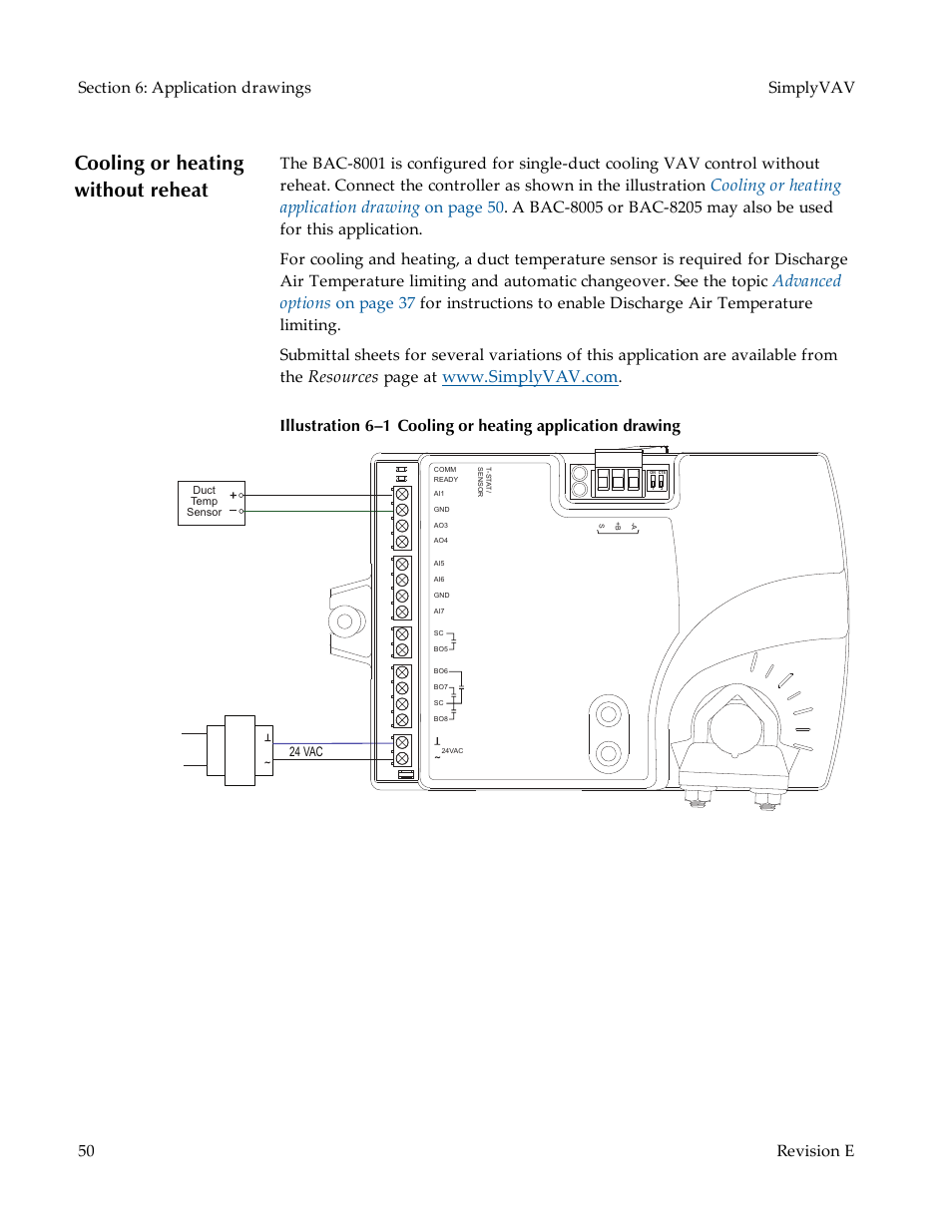 Cooling or heating without reheat, Cooling or heating application drawing, Advanced options | Resources, Page at | KMC Controls BAC-8007 Installation Guide User Manual | Page 50 / 88