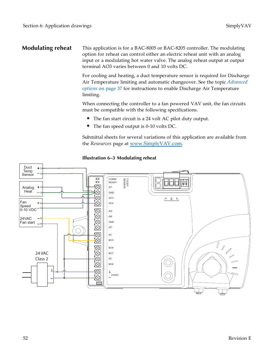 Modulating reheat, Advanced options, Resources | Page at, Illustration 6–3 modulating reheat, 24 vac class 2 | KMC Controls BAC-8007 Installation Guide User Manual | Page 52 / 88