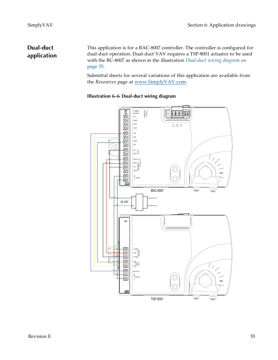 Dual‑duct application, Dual-duct application, Dual-duct wiring diagram | Resources, Page at, Illustration 6–6 dual-duct wiring diagram | KMC Controls BAC-8007 Installation Guide User Manual | Page 55 / 88