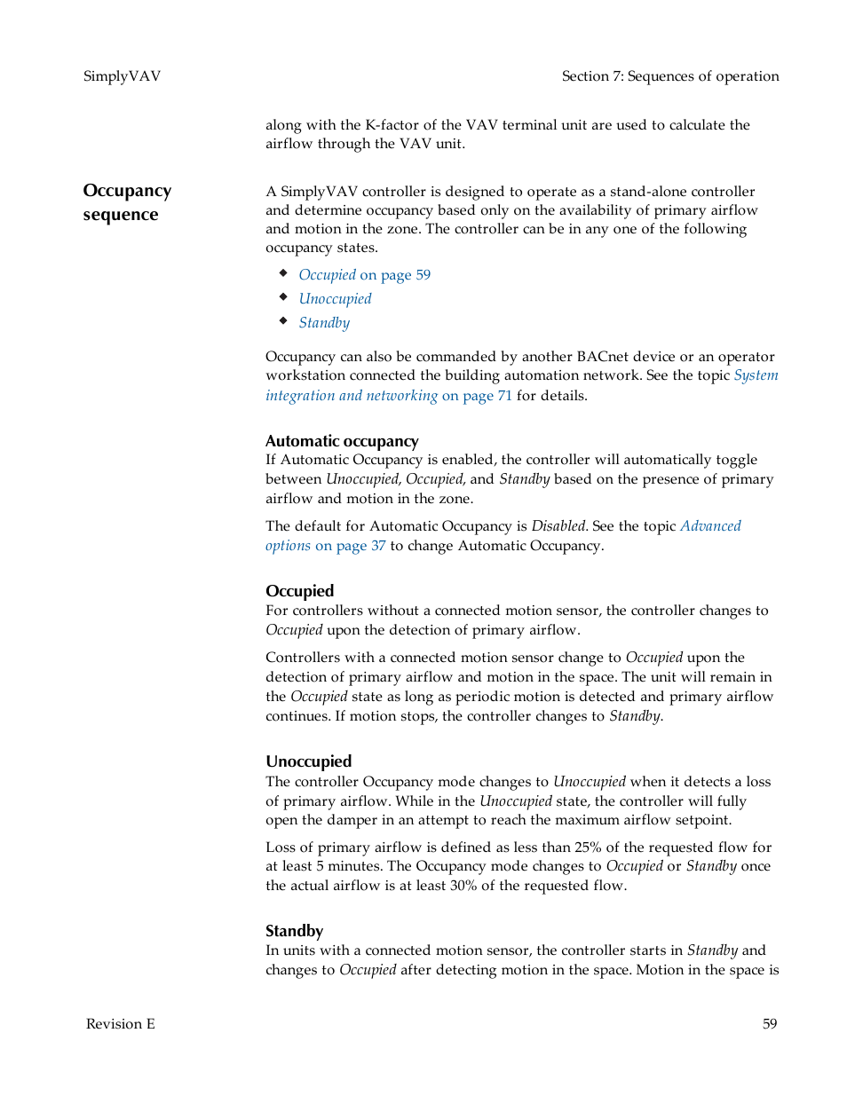 Occupancy sequence, Automatic occupancy, Occupied | Unoccupied, Standby | KMC Controls BAC-8007 Installation Guide User Manual | Page 59 / 88