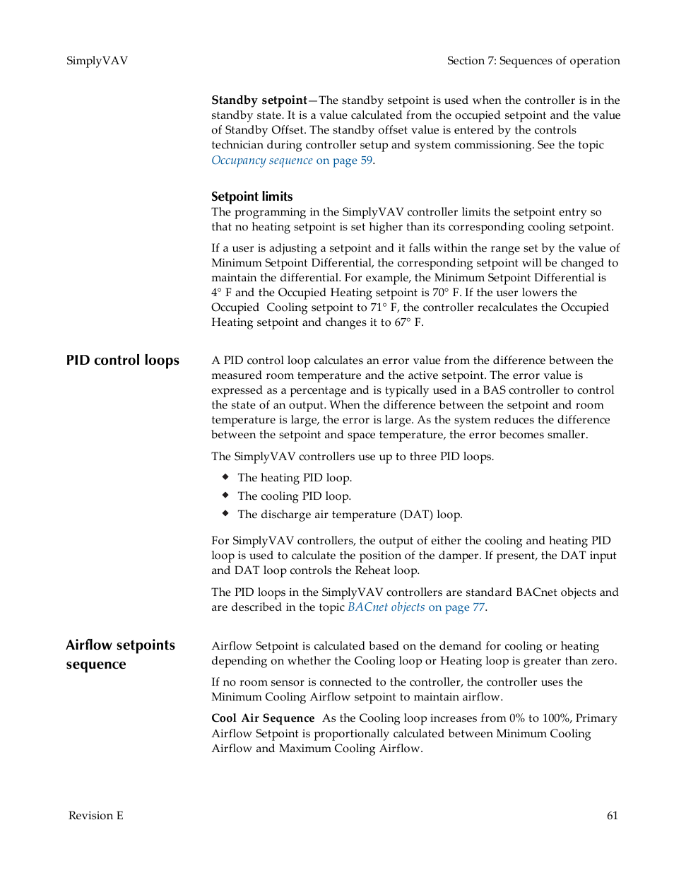 Setpoint limits, Pid control loops, Airflow setpoints sequence | KMC Controls BAC-8007 Installation Guide User Manual | Page 61 / 88