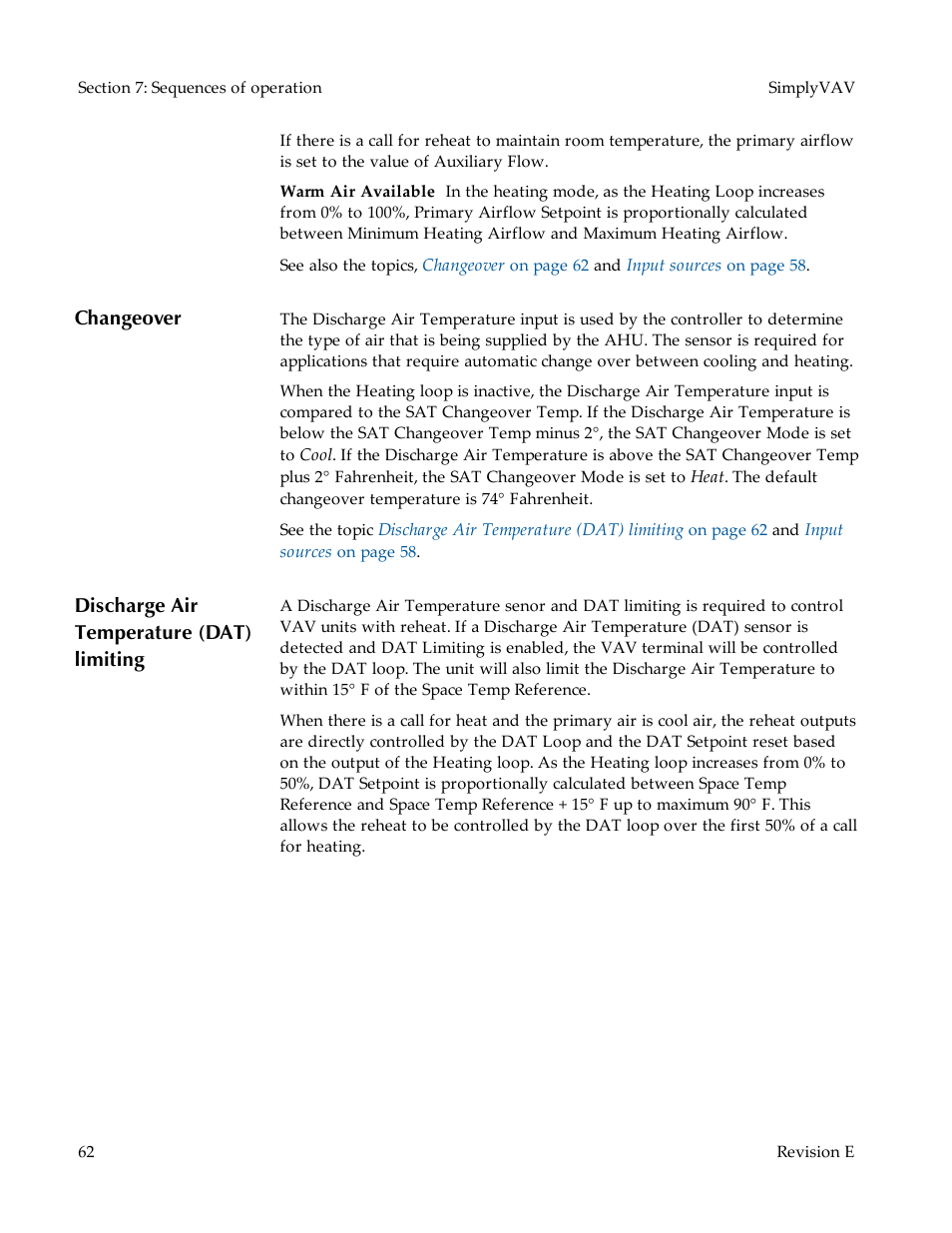 Changeover, Discharge air temperature (dat) limiting | KMC Controls BAC-8007 Installation Guide User Manual | Page 62 / 88