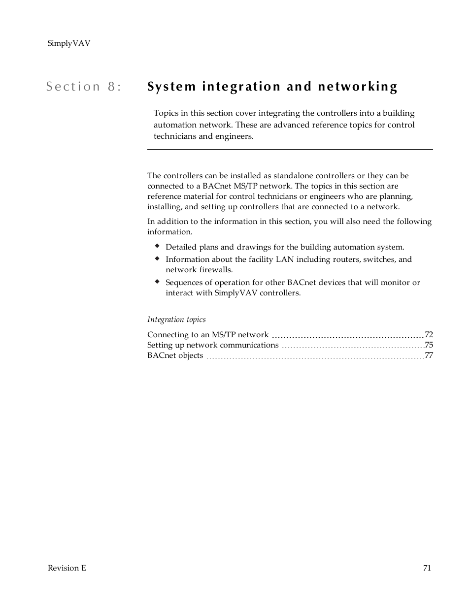 Section 8: system integration and networking, System, Integration and networking | KMC Controls BAC-8007 Installation Guide User Manual | Page 71 / 88