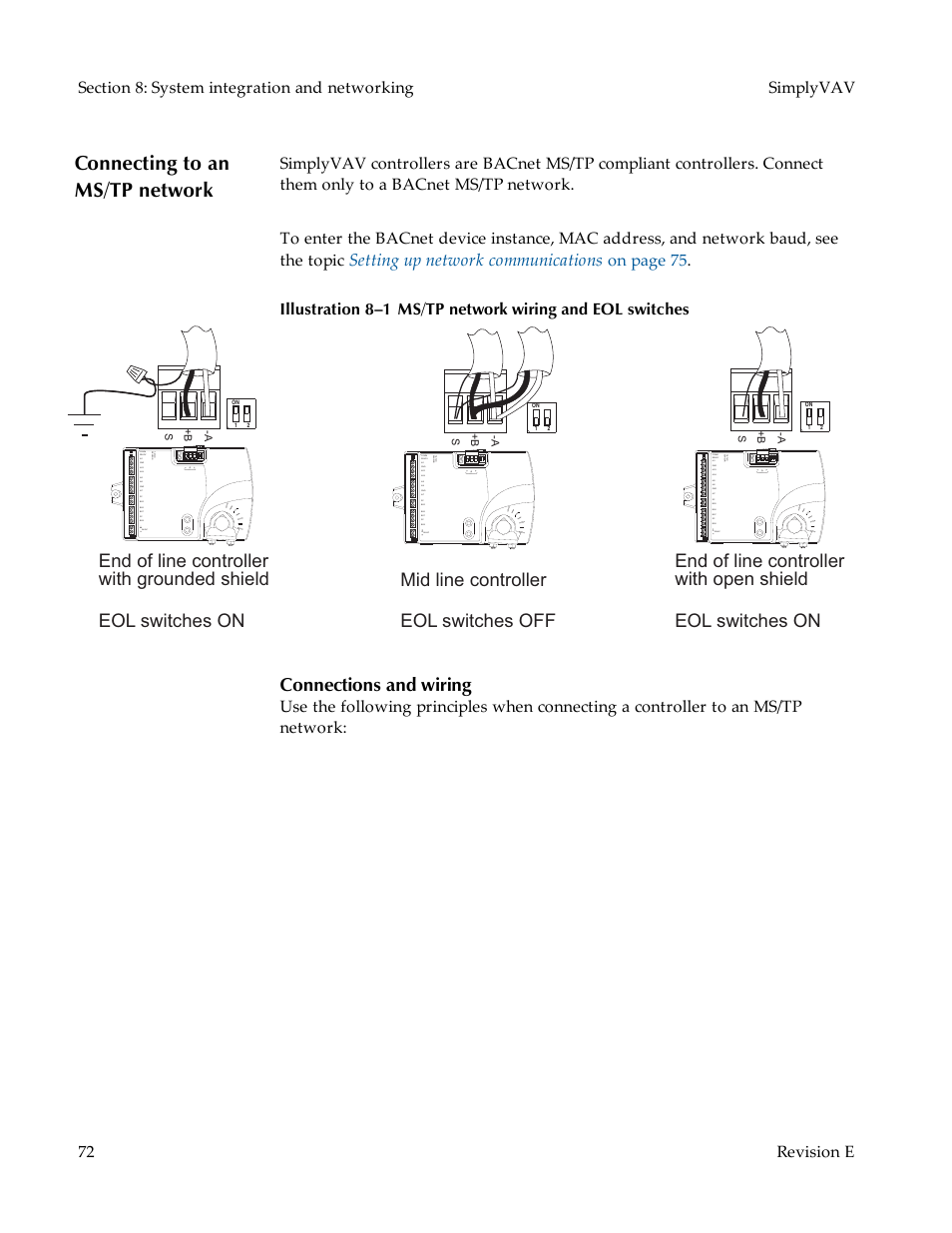 Connecting to an ms/tp network, Connections and wiring | KMC Controls BAC-8007 Installation Guide User Manual | Page 72 / 88