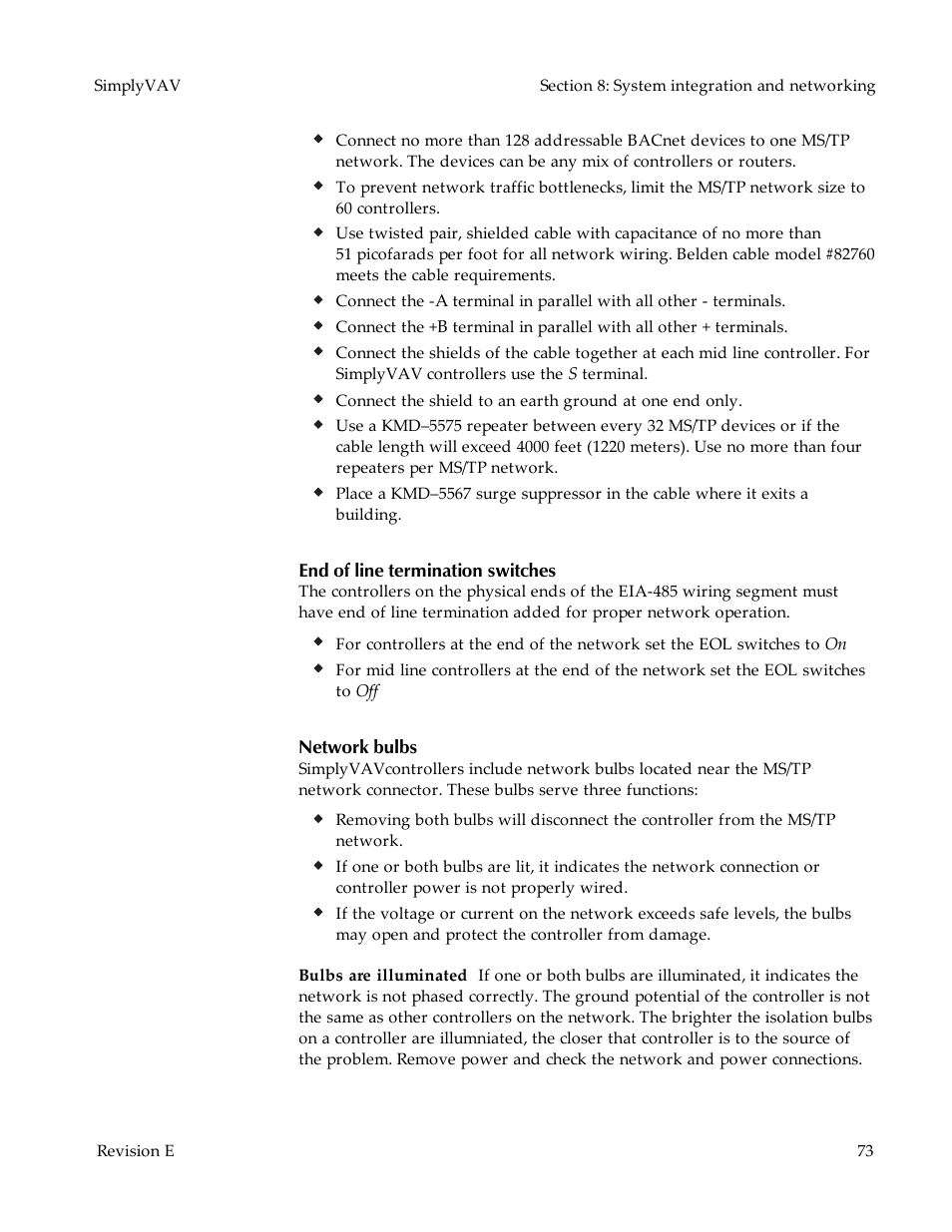 End of line termination switches, Network bulbs | KMC Controls BAC-8007 Installation Guide User Manual | Page 73 / 88