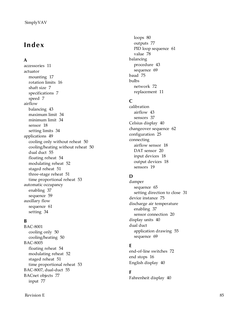 Index | KMC Controls BAC-8007 Installation Guide User Manual | Page 85 / 88