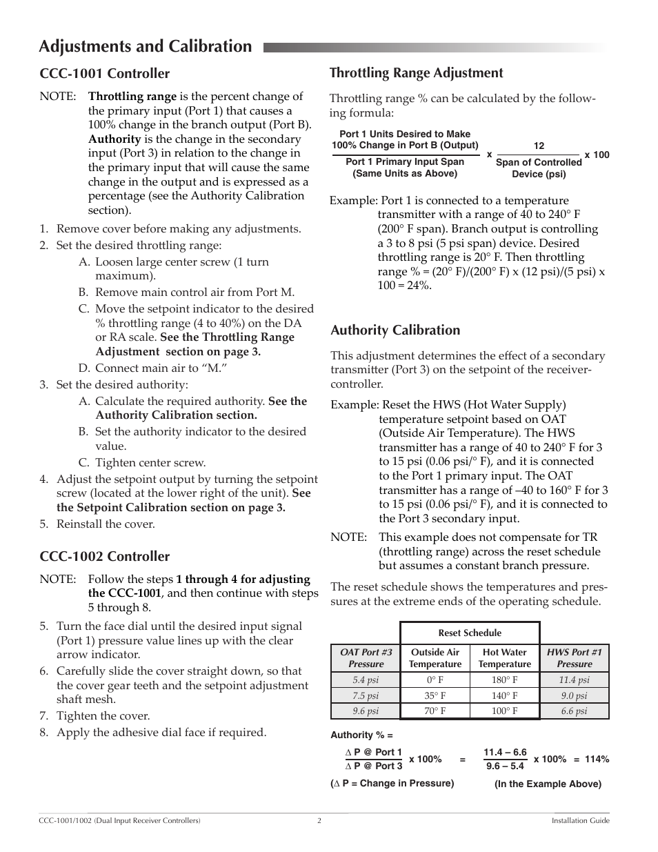 Adjustments and calibration, Ccc-1001 controller, Ccc-1002 controller | Throttling range adjustment, Authority calibration, Adjustments and calibration 2 | KMC Controls CCC-1002 User Manual | Page 2 / 4
