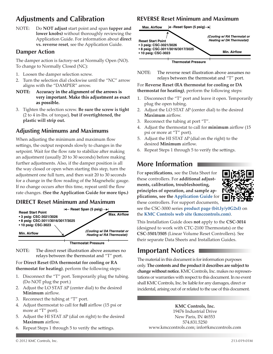 Adjustments and calibration, Damper action, Adjusting minimums and maximums | Direct reset minimum and maximum, Reverse reset minimum and maximum, More information, Important notices, Adjustments and calibration 2, More information 2 important notices 2 | KMC Controls CSC-3000 Series User Manual | Page 2 / 2