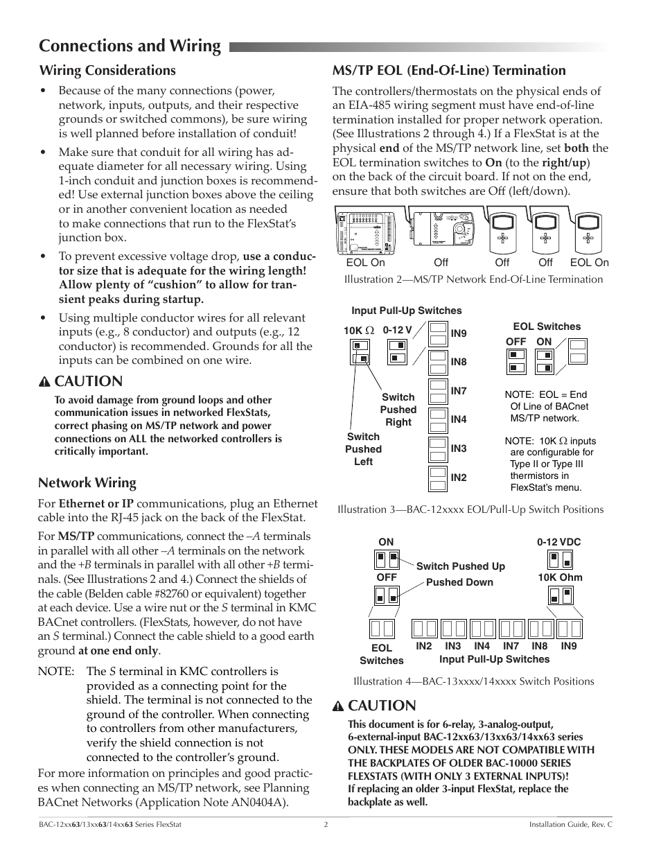 Connections and wiring, Wiring considerations, Network wiring | Ms/tp eol (end-of-line) termination, Connections and wiring 2, Wiring considerations 2 network wiring, Caution | KMC Controls BAC-14xx63 Series FlexStat User Manual | Page 2 / 9