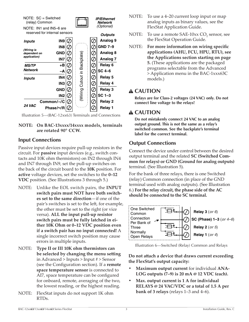 Input connections, Output connections, Input connections 3 output connections 3 | Caution | KMC Controls BAC-14xx63 Series FlexStat User Manual | Page 3 / 9