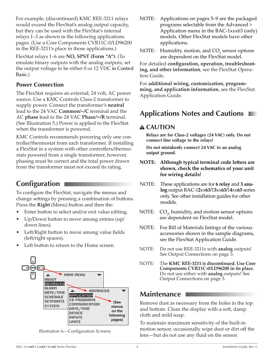 Power connection, Configuration, Applications notes and cautions | Maintenance, Power connection 4, Caution | KMC Controls BAC-14xx63 Series FlexStat User Manual | Page 4 / 9
