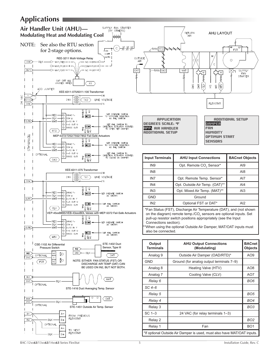Applications, Air handler unit (ahu), Modulating heat and modulating cool | KMC Controls BAC-14xx63 Series FlexStat User Manual | Page 5 / 9