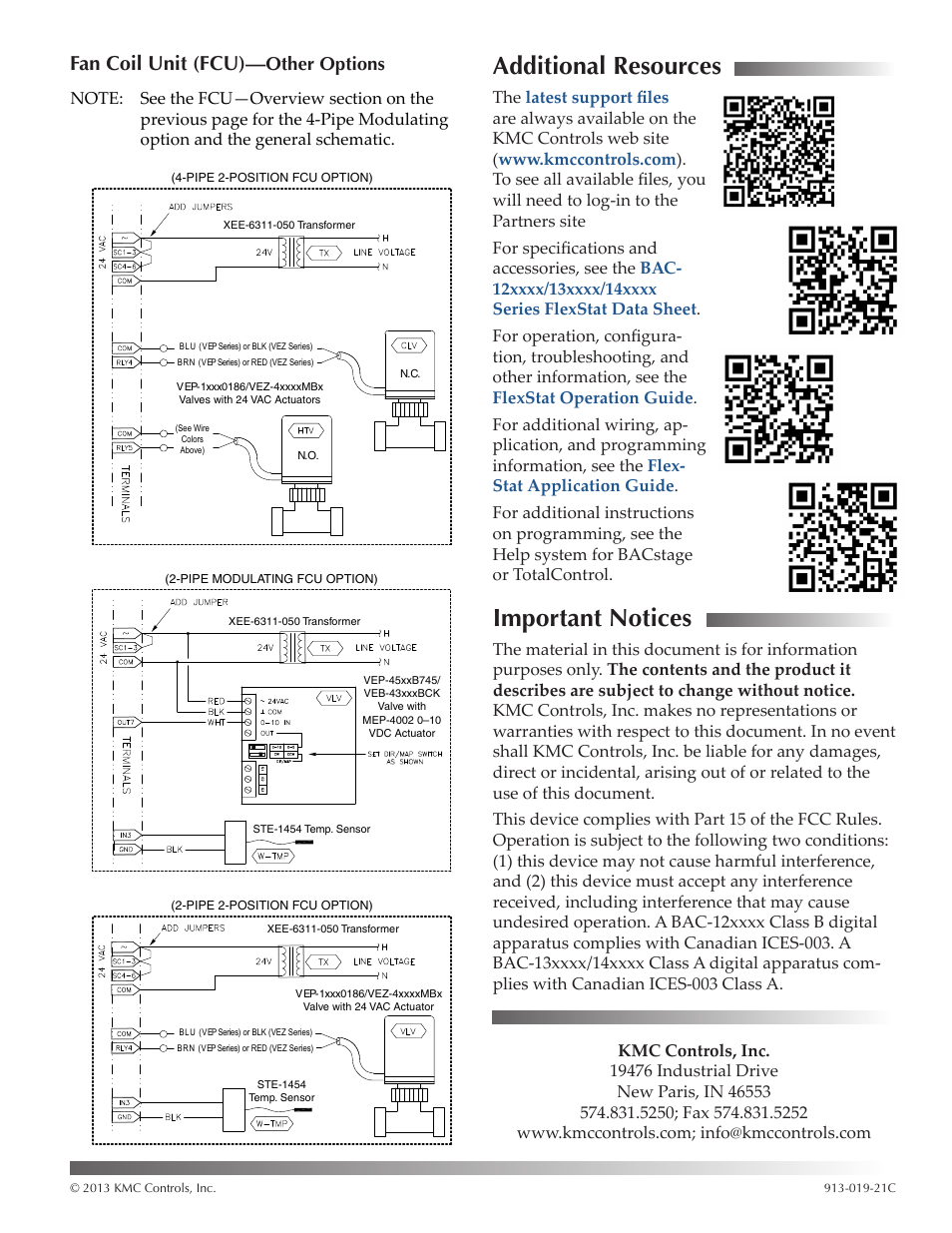 Fan coil unit (fcu)—other options, Additional resources, Important notices | Fan coil unit (fcu), Other options 9, Important notices 9 | KMC Controls BAC-14xx63 Series FlexStat User Manual | Page 9 / 9