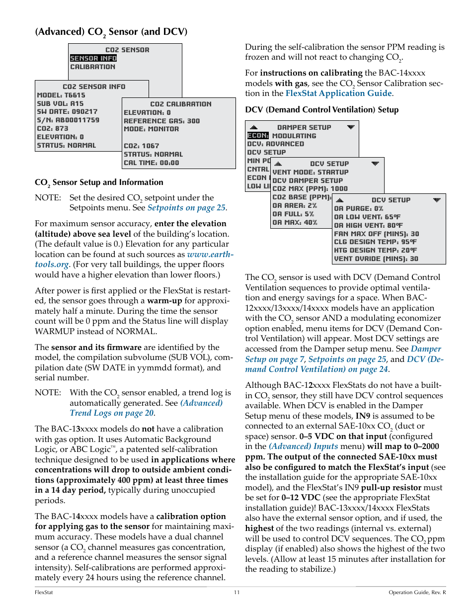 Advanced) co2 sensor (and dcv), Co2 sensor setup and information, Dcv (demand control ventilation) setup | Advanced) co, Sensor (and dcv), Sensor setup and information, Dcv (demand control ventilation) setup .11, Advanced) co2 sensor, Temperature). see, Sensor. for more information, see | KMC Controls FlexStat Operation Guide User Manual | Page 11 / 46
