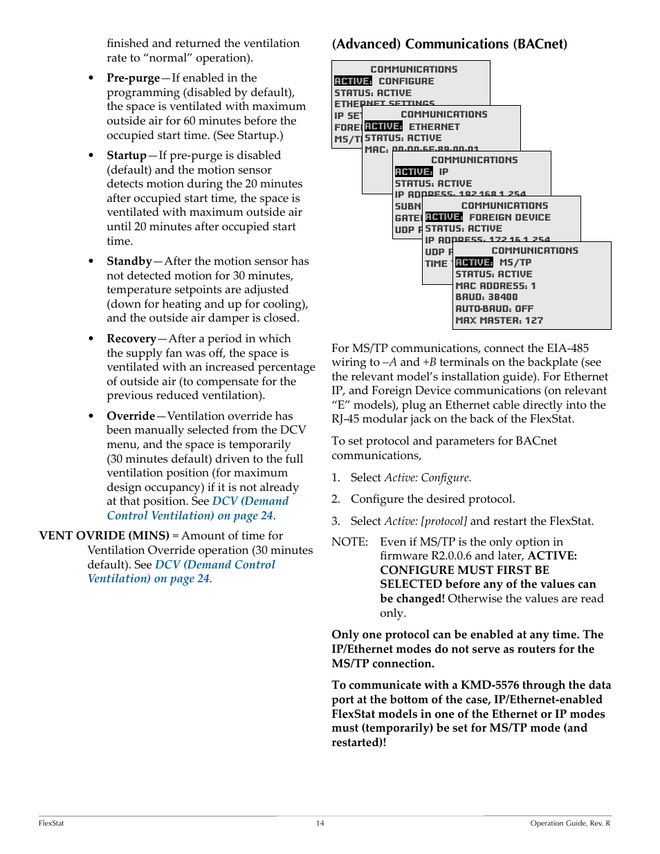 Advanced) communications (bacnet) | KMC Controls FlexStat Operation Guide User Manual | Page 14 / 46