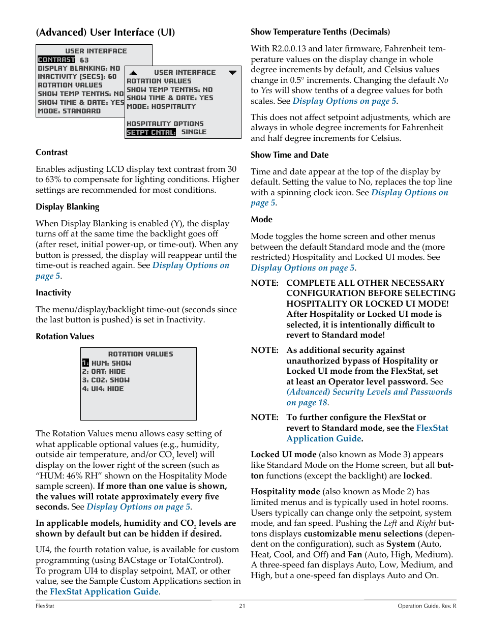 Advanced) user interface (ui), Contrast, Display blanking | Inactivity, Rotation values, Show temperature tenths (decimals), Show time and date, Mode, Time-out is reached again. see, Display blanking on | KMC Controls FlexStat Operation Guide User Manual | Page 21 / 46