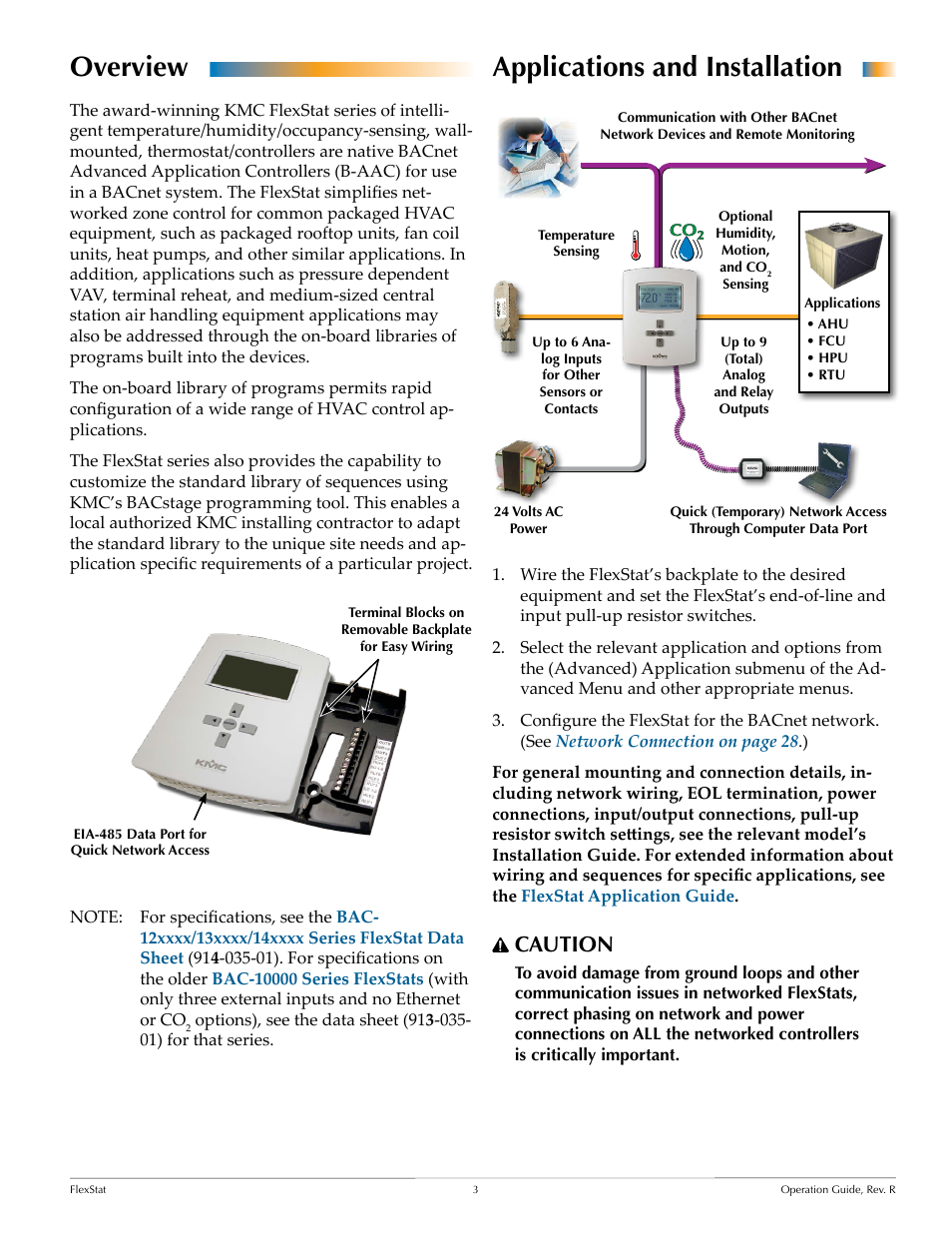 Overview, Applications and installation, Overview applications and installation | Caution | KMC Controls FlexStat Operation Guide User Manual | Page 3 / 46