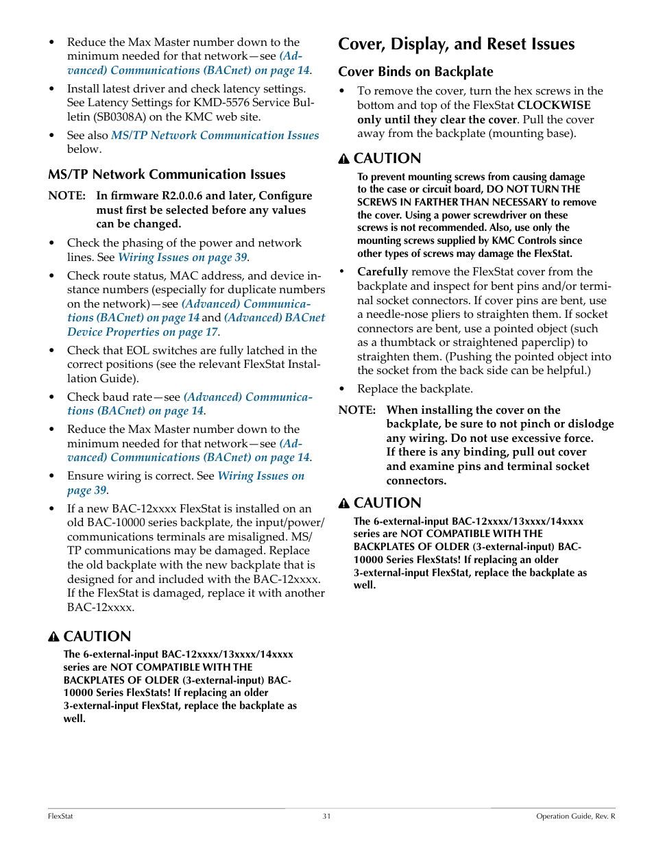 Ms/tp network communication issues, Cover, display, and reset issues, Cover binds on backplate | Caution | KMC Controls FlexStat Operation Guide User Manual | Page 31 / 46