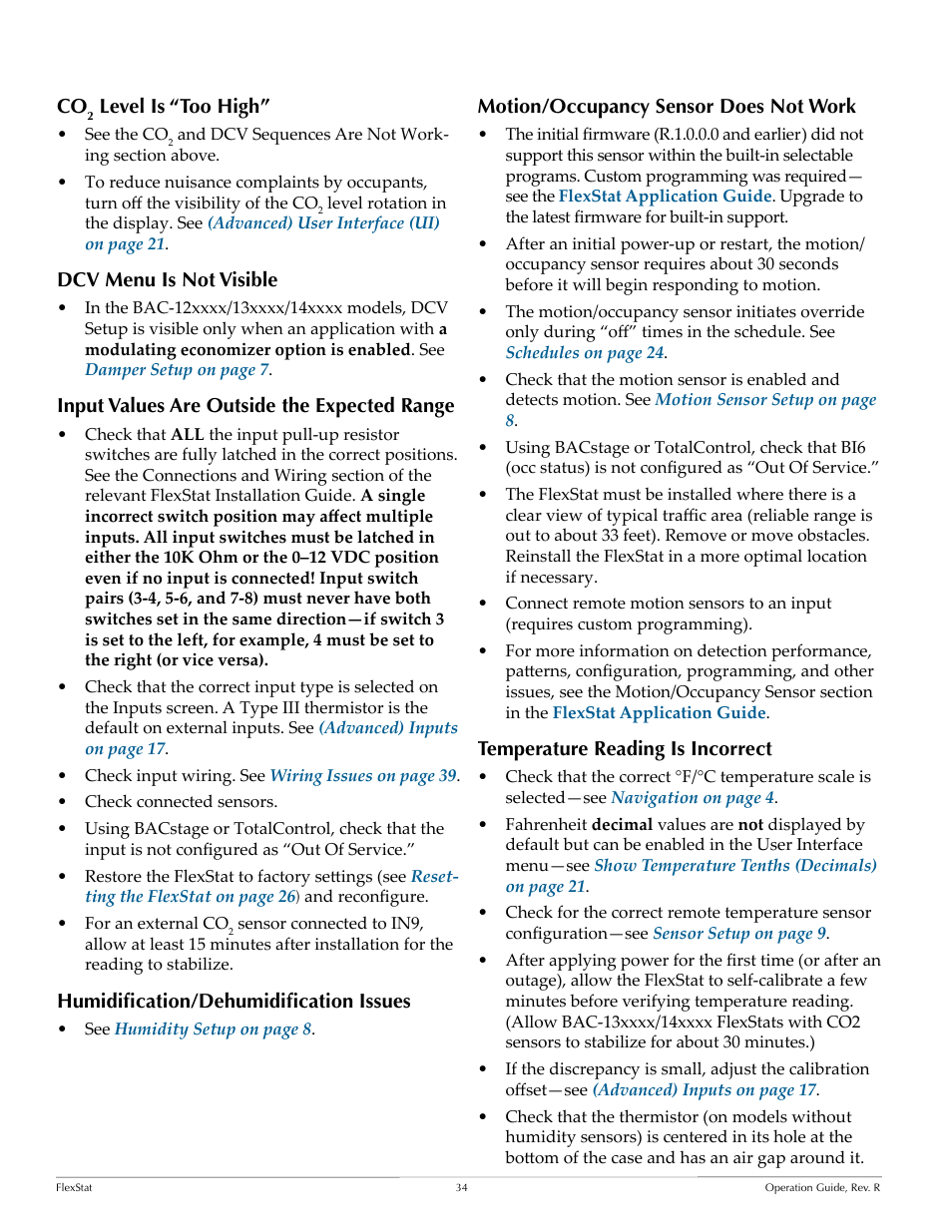 Co2 level is “too high, Dcv menu is not visible, Input values are outside the expected range | Humidification/dehumidification issues, Motion/occupancy sensor does not work, Temperature reading is incorrect, Level is “too high, Input values are outside the expected | KMC Controls FlexStat Operation Guide User Manual | Page 34 / 46