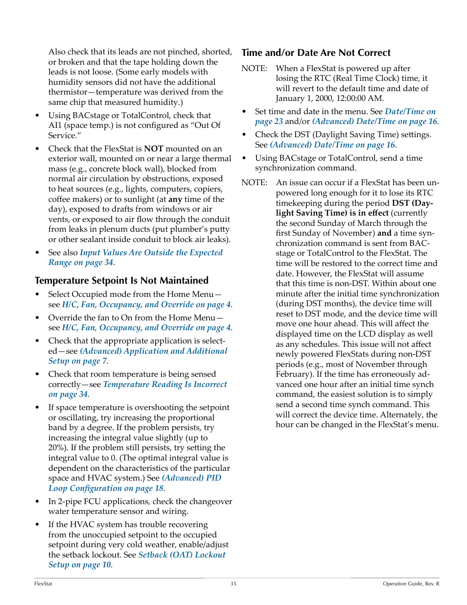 Temperature setpoint is not maintained, Time and/or date are not correct | KMC Controls FlexStat Operation Guide User Manual | Page 35 / 46