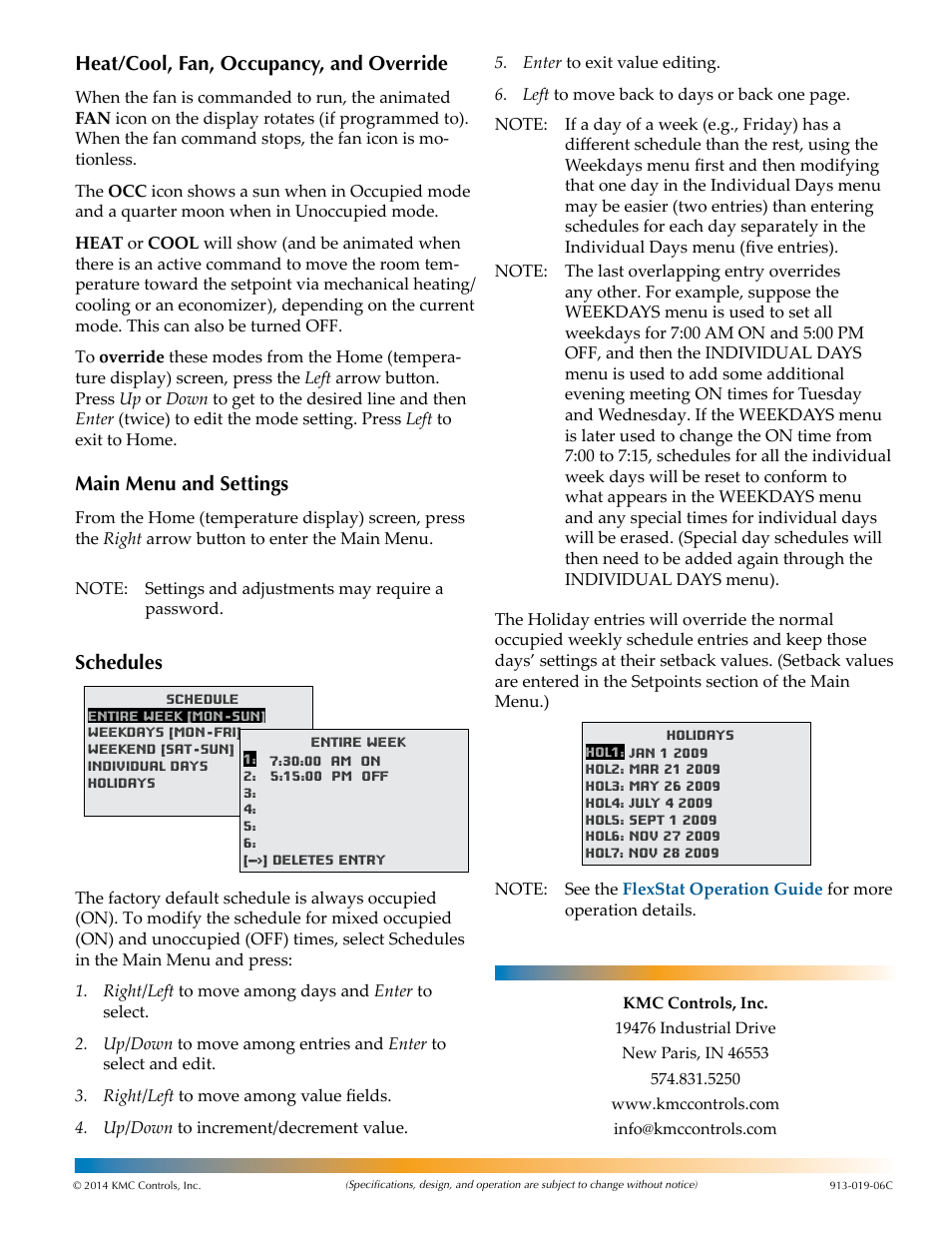 Main menu and settings, Schedules, Heat/cool, fan, occupancy, and override | KMC Controls FlexStat Quick Reference Guide User Manual | Page 2 / 2