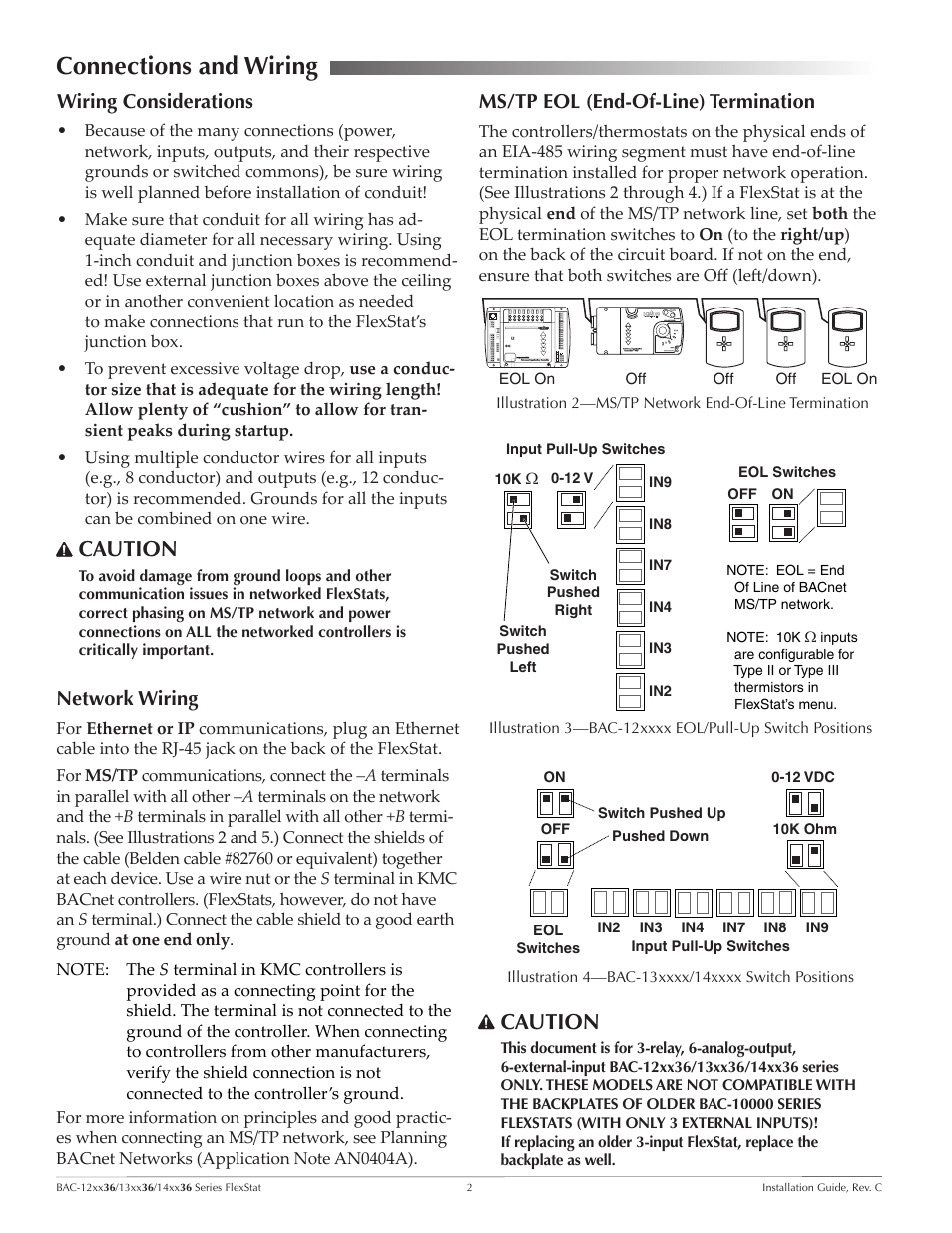 Connections and wiring, Wiring considerations, Network wiring | Ms/tp eol (end-of-line) termination, Connections and wiring 2, Wiring considerations 2 network wiring, Caution | KMC Controls BAC-14xx36 Series FlexStat User Manual | Page 2 / 11