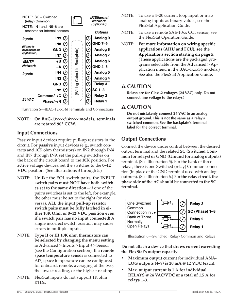 Input connections, Output connections, Input connections 3 output connections 3 | Caution | KMC Controls BAC-14xx36 Series FlexStat User Manual | Page 3 / 11