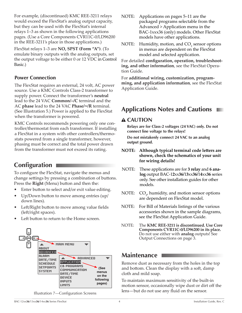 Power connection, Configuration, Applications notes and cautions | Maintenance, Power connection 4, Caution | KMC Controls BAC-14xx36 Series FlexStat User Manual | Page 4 / 11