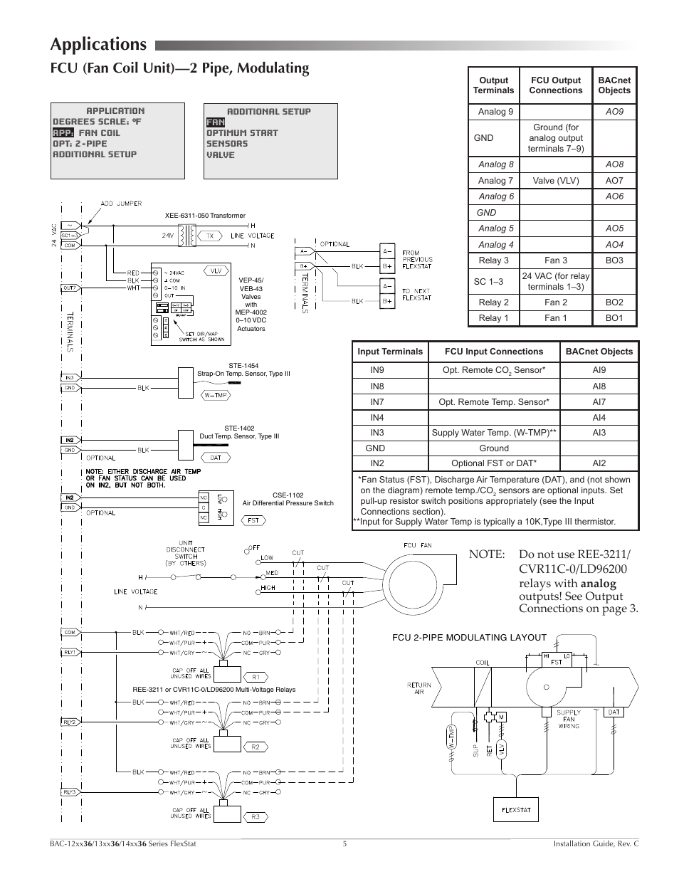 Applications, Fcu (fan coil unit)—2 pipe, modulating, Fcu (fan coil unit)—2 pipe, modulating 5 | KMC Controls BAC-14xx36 Series FlexStat User Manual | Page 5 / 11