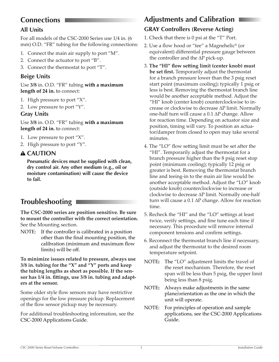 Troubleshooting, Connections, Adjustments and calibration | Caution | KMC Controls CSC-2000 Series User Manual | Page 3 / 4