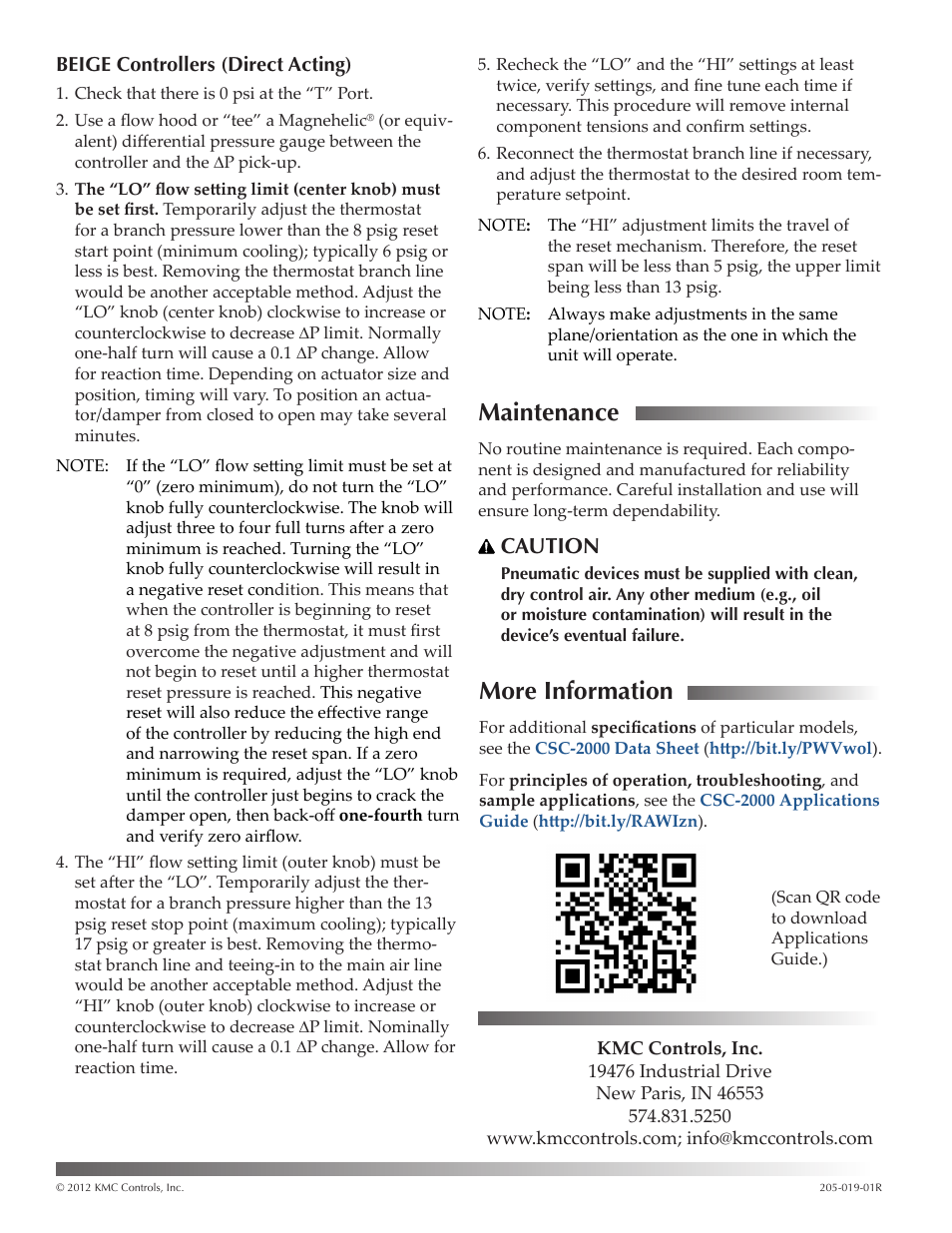 More information, Maintenance, Caution | KMC Controls CSC-2000 Series User Manual | Page 4 / 4