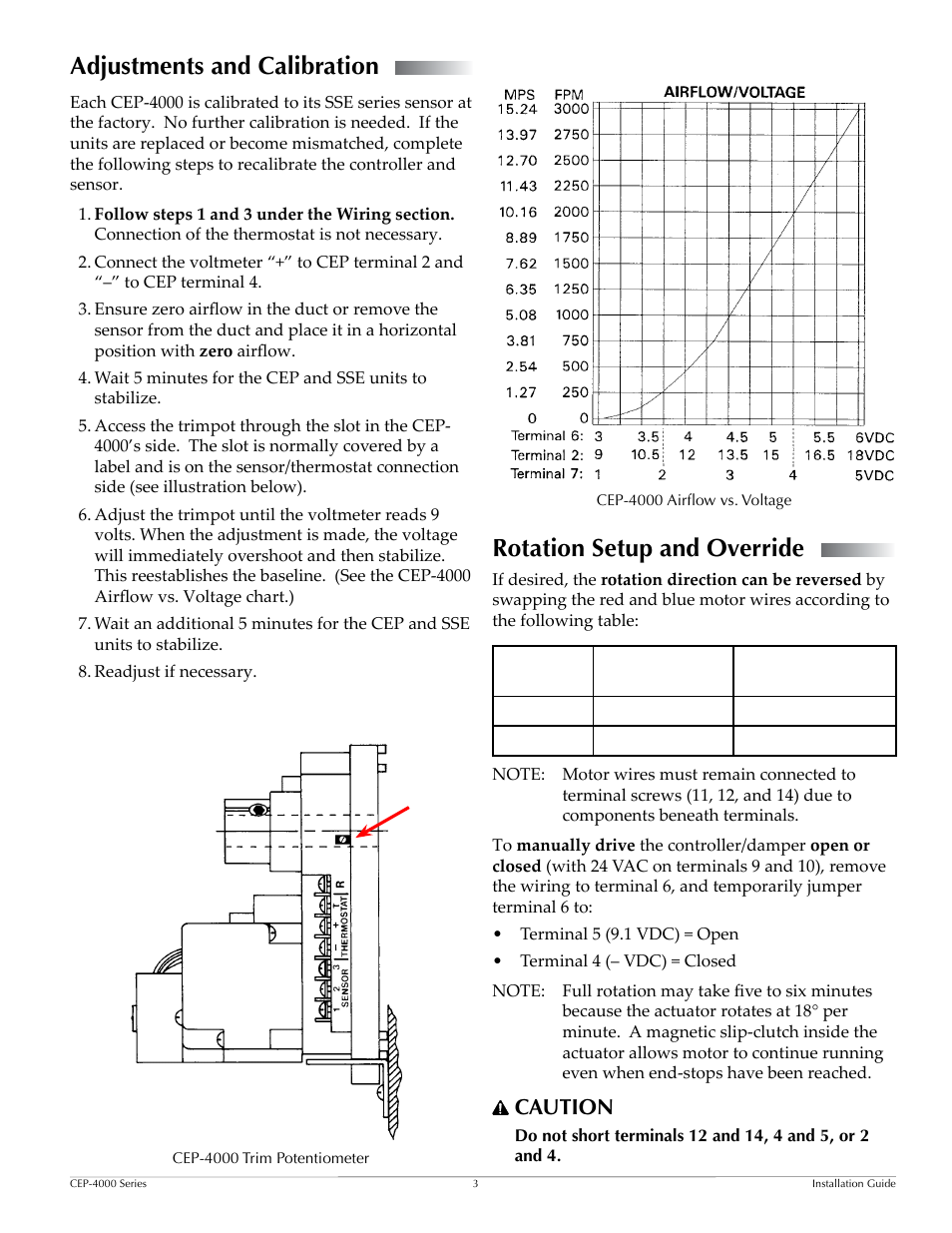 Adjustments and calibration, Rotation setup and override, Caution | KMC Controls CEP-4000 Series User Manual | Page 3 / 4