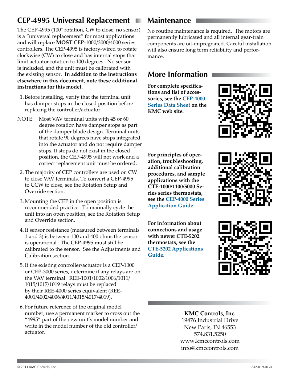 Cep-4995 universal replacement, Maintenance, More information | KMC Controls CEP-4000 Series User Manual | Page 4 / 4