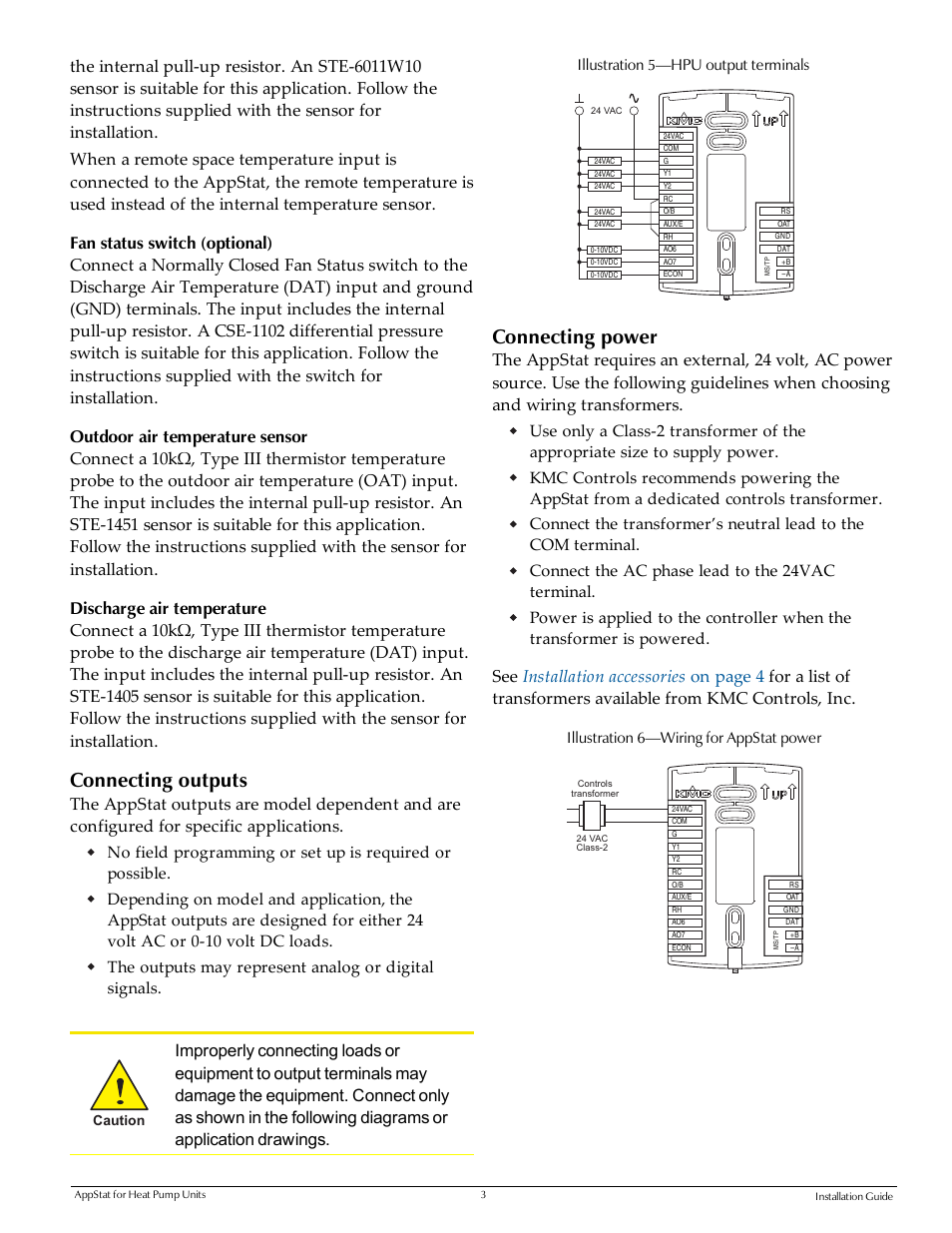 Connecting outputs, Connecting power, Illustration 5—hpu output terminals | Illustration 6—wiring for appstat power | KMC Controls BAC-4000 Series User Manual | Page 3 / 4