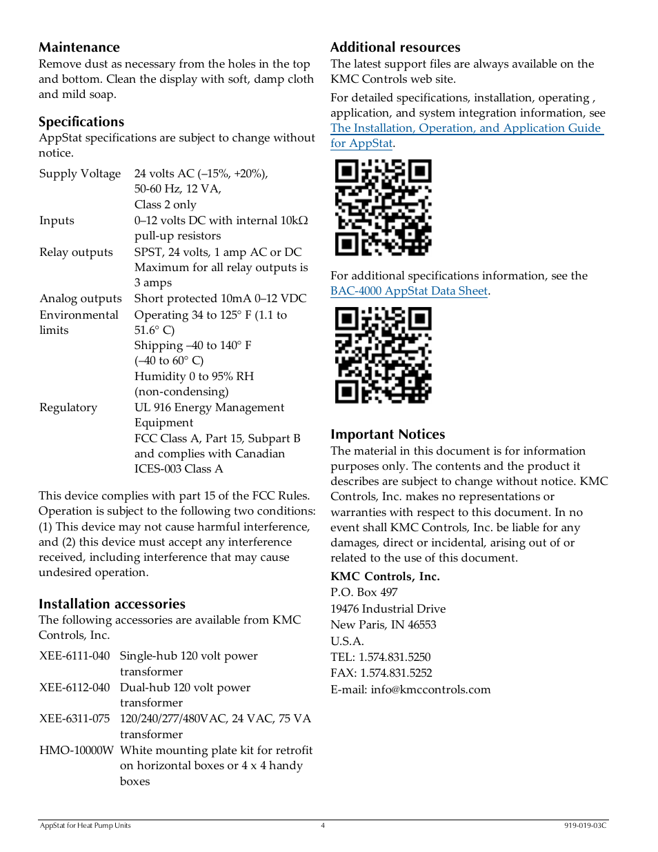 Maintenance, Specifications, Installation accessories | Additional resources, Important notices | KMC Controls BAC-4000 Series User Manual | Page 4 / 4