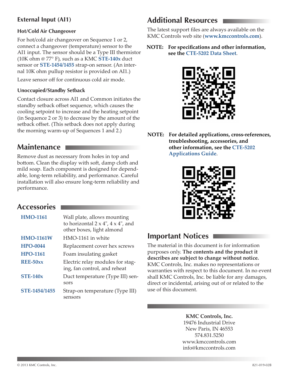 External input (ai1), Maintenance, Accessories | Additional resources, Important notices, External input (ai1) 4, Important notices 4, Accessories maintenance | KMC Controls CTE-5202W User Manual | Page 4 / 4