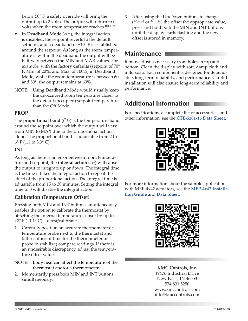 Prop, Calibration (temperature offset), Maintenance | Additional information, Additional information 4 | KMC Controls CTE-5201-16 User Manual | Page 4 / 4