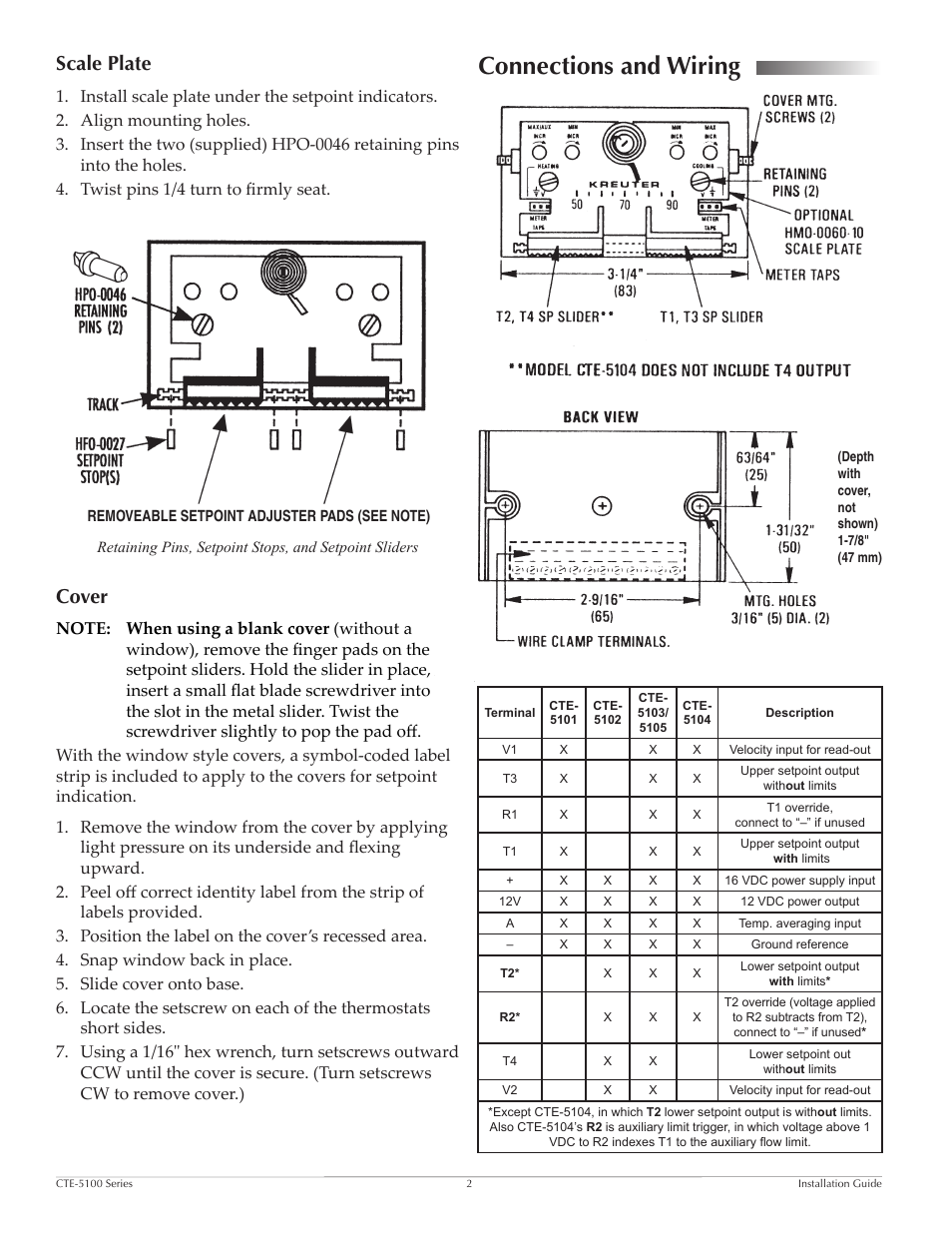 Scale plate, Cover, Connections and wiring | Connections and wiring 2 | KMC Controls CTE-5100 Series User Manual | Page 2 / 4