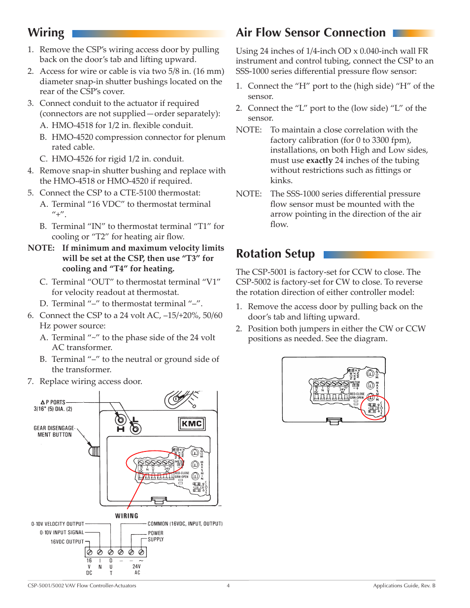 Wiring, Air flow sensor connection, Rotation setup | Wiring air flow sensor connection rotation setup | KMC Controls CSP-5002 User Manual | Page 4 / 21