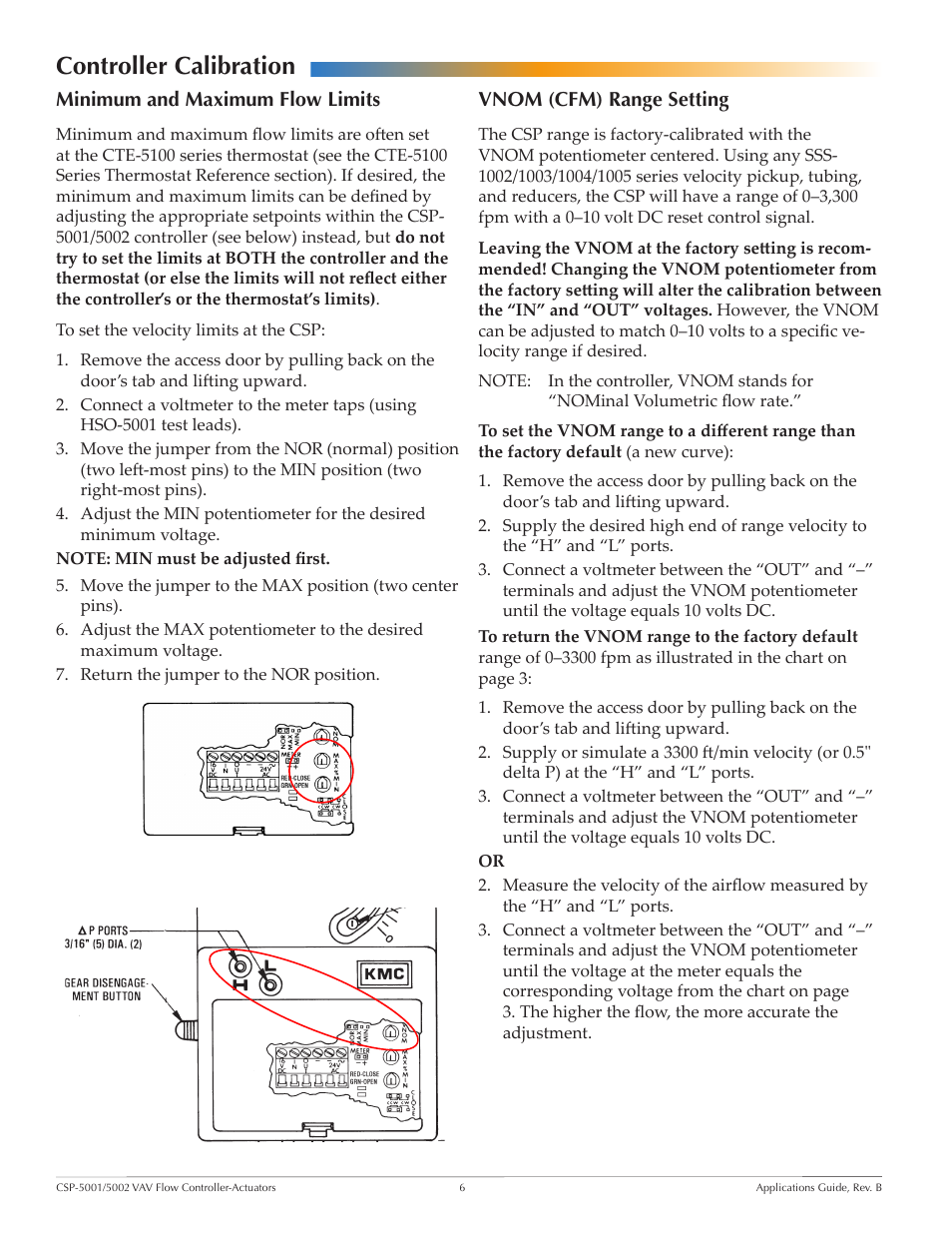 Controller calibration, Minimum and maximum flow limits, Vnom (cfm) range setting | KMC Controls CSP-5002 User Manual | Page 6 / 21